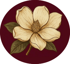 Magnolia flower on a maroon background logo for Southern Charm Estate Sales.